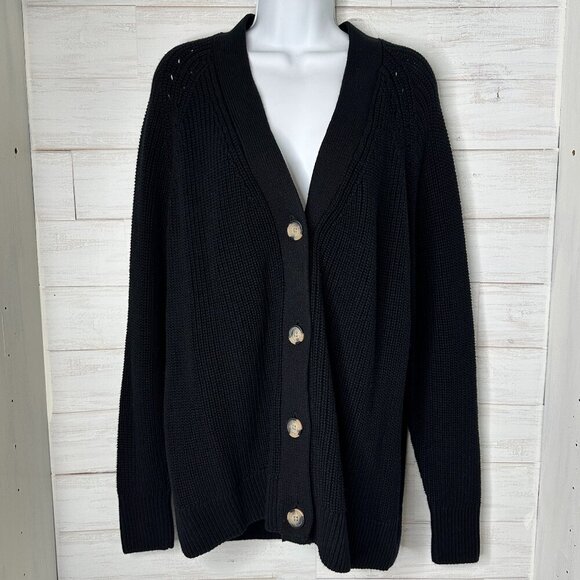 NWT Gap Womens 100% Cotton Tortoise Button Oversized Black Cardigan Size Large - Picture 2 of 11